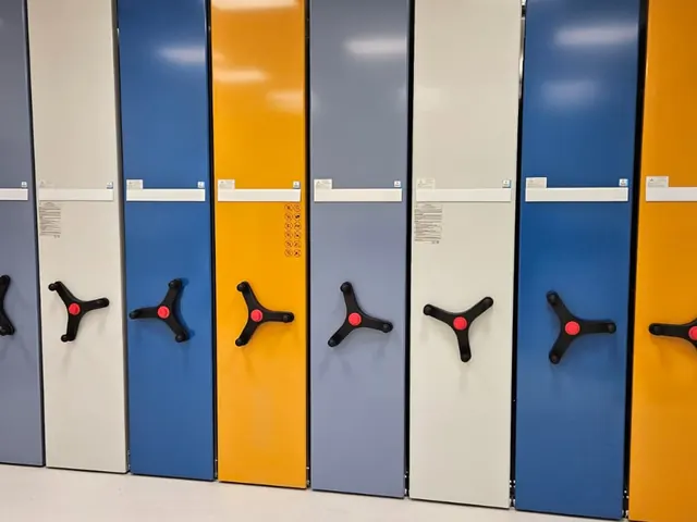 Frontali colorati delle scaffalature mobili